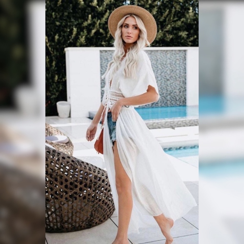 LAST 1️⃣🌻New Beautiful White Bohemian Tie Front Open Style Kimono,Lace - Picture 4 of 10